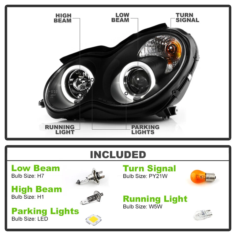 BLK 2001-2007 Benz W203 C-Class Halo Projector Headlights C230 C240 C320 C32 C55 - Image 4 of 4