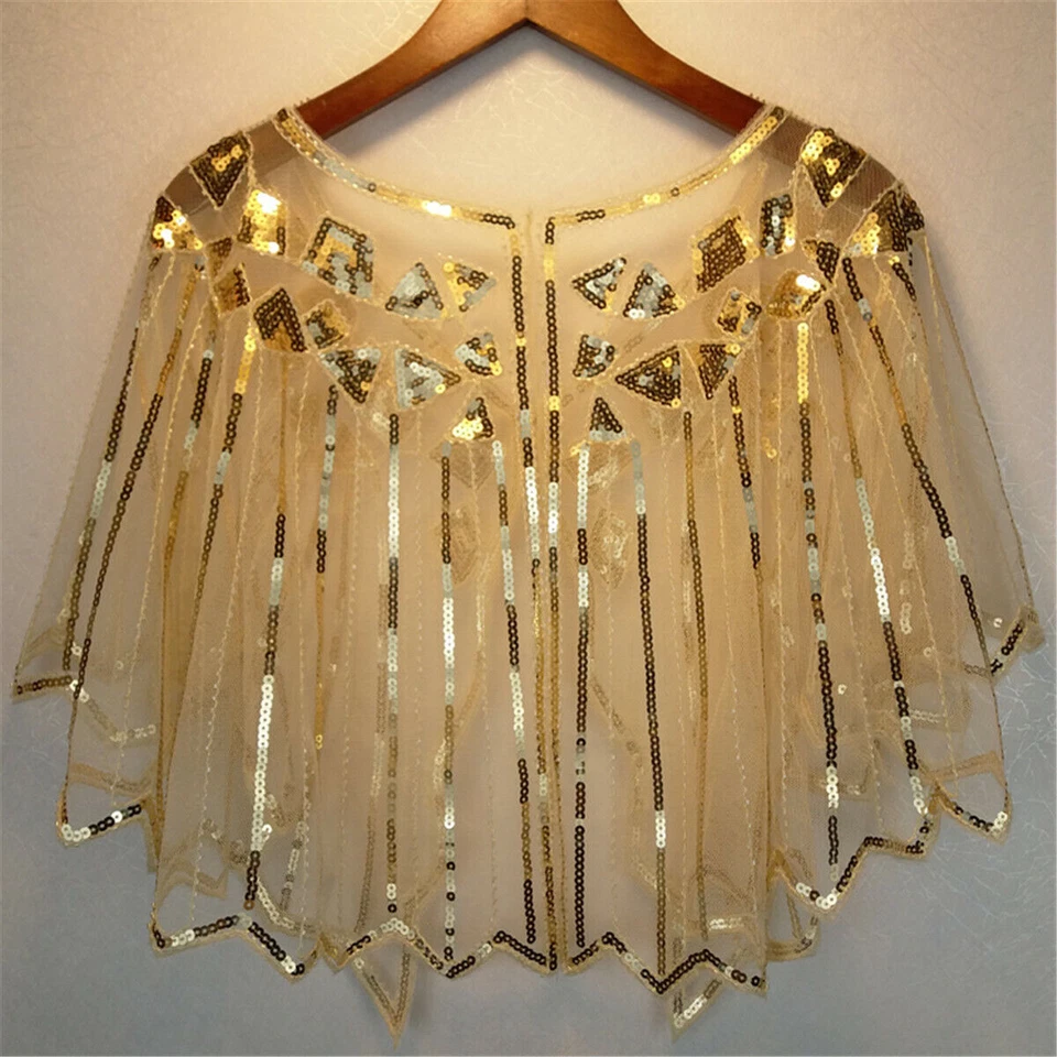 Vintage Gold Ladies 1920s Shawl Wraps Sequin Evening Cape Bridal Bolero Flapper - Image 4 of 4