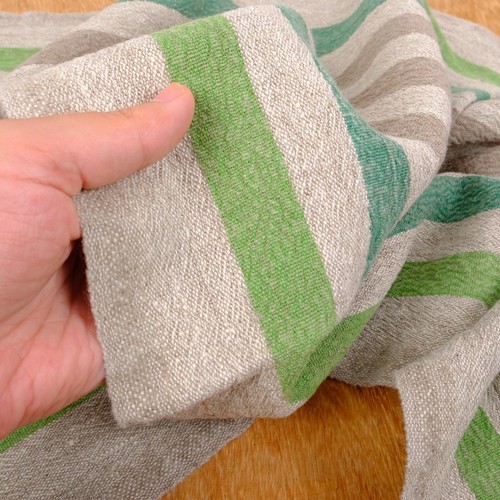100% linen fabric - heavy french belgium flax dense - striped natur green brown - Picture 6 of 12
