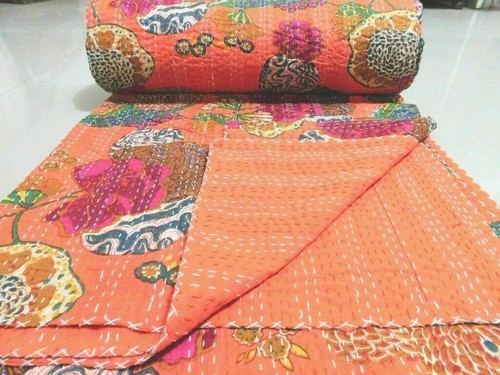 Floral Handmade Kantha Quilt~Indian Bedspread Throw Cotton Blanket Gudari Twin - Picture 2 of 5