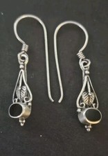 925-C-W Stamped: Sterling Silver Black Onyx Drop Swirl Dot Dangle Drop Earrings 