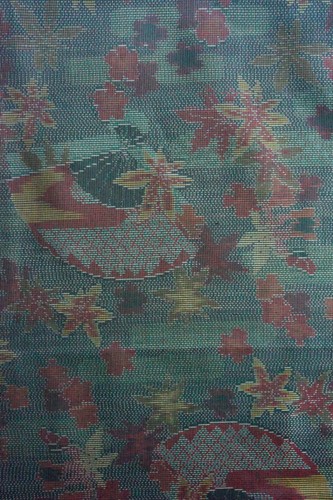 Vintage Japanese Silk Tsumugi Kimono Fabric Green Fan Maple 113cm(44")