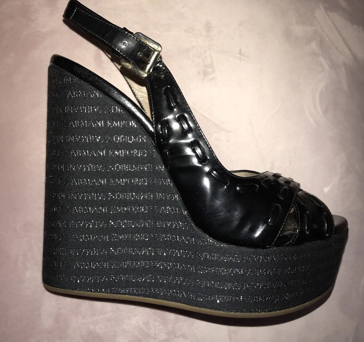 Rare Emporio Armani Wedge Platform Black Pattern Leather Size 37/6’5 Italy  Women