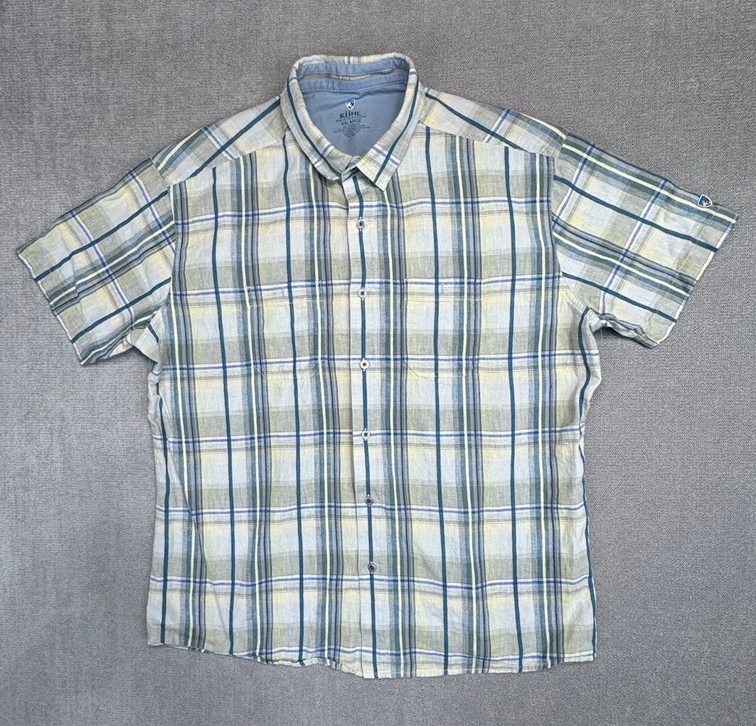 Kuhl Shirt Mens XXL Linen Blend Blue Plaid Short Sleeve Hiking Button Up