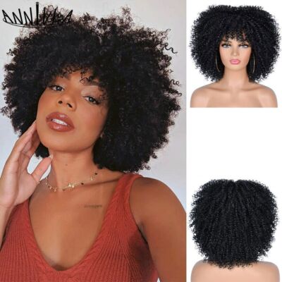 Short Kinky Curly Synthetic Wigs With Bangs Glueless Cosplay Heat Resistant Wigs