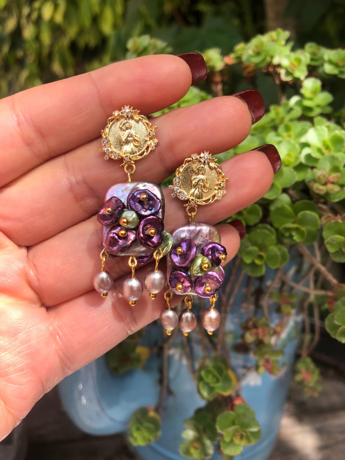 Boucles d'oreilles à franges de perles véritables baroques carrées violettes - 4