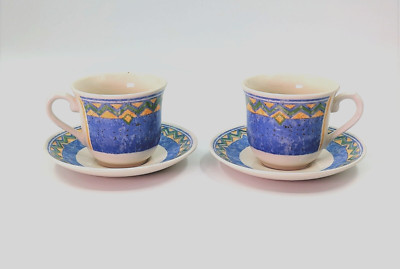 Set of 2 Churchill Pottery England 'Port of Call' 8-oz. Cups & Saucers, VG Cond.
