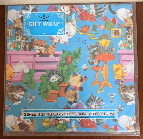 Vintage Hi-Sil All-Occasion Geschenkverpackung Naugty verspielte glückliche Kätzchen 2 Blatt Neu in Verpackung