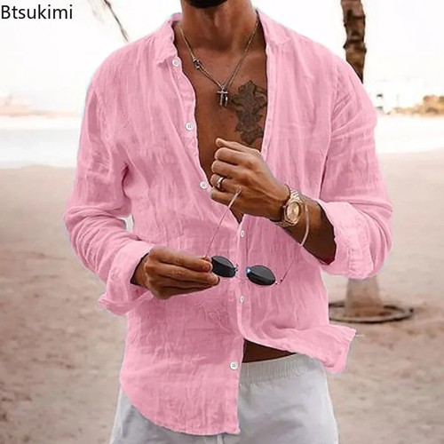 2025 Men's Cotton Linen Shirts Top Simple Laple Solid Man Shirts Tops - Picture 7 of 37