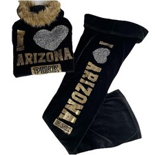 Y2K Victoria Secret Pink Faux Fur Jacket Pants Set M/XS I Love Arizona Black