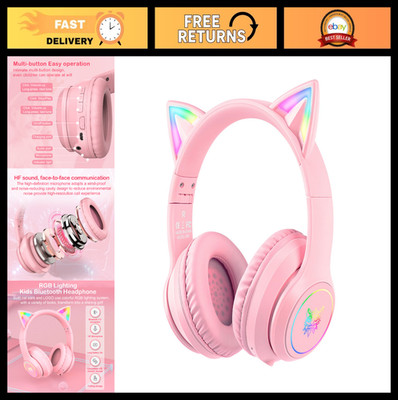 Wireless Pink Cat Ear Headphones - Bluetooth & Wired, Foldable, RGB LED, Mic, Cl