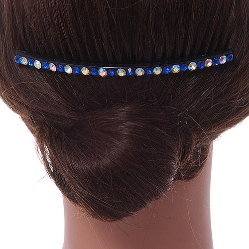 Black Acrylic With AB/ Sapphire Blue Crystal Accent Hair Comb - 10cm - Picture 3 of 5