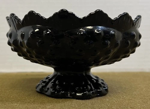 Vintage Fenton Glass Black Milk Glass Hobnail Footed Scalloped Rim Candle Holder