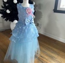 Blue floral lace long girls ball gown dress with bow and ruffle princess theme