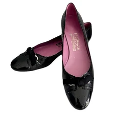 Salvatore Ferragamo Black Leather Cap Toe Gancini Spectator Flats, Size 8.5AA