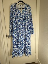 Styleword Women's Dress Long Sleeve Floral White Blue Size XXL  With Pockets