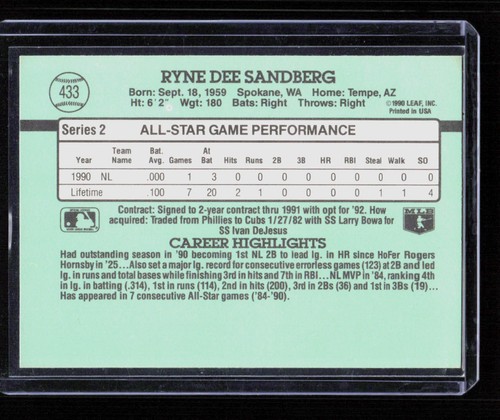 Ryne Sandberg 1991 Donruss #433 All-Star - Picture 2 of 2