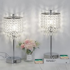 Crystal Table Lamp Set of 2 Touch Control, Crystal Lamps with USB Ports Silver