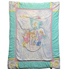 VTG Baby Blanket Teddy Bear Bunny Lamb Pastel Quilted Comforter 33x42 Nursery