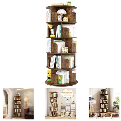 360-Degree Display 5-Tier Spinning Bookshelf for Compact Spaces - Rustic Brown