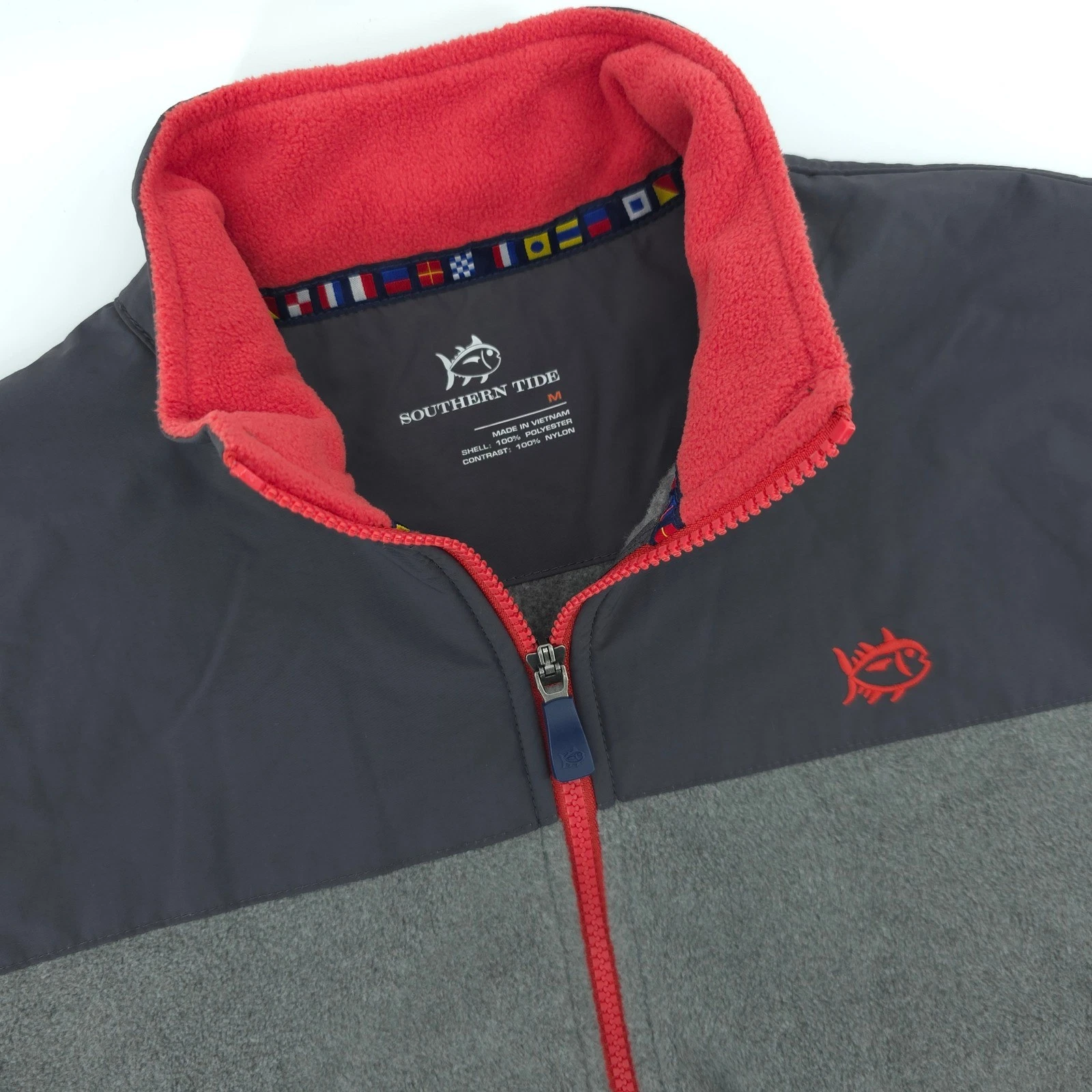 Southern Tide Vest Mens M Gray Red Fleece Lined Full Zip Sleeveless Pockets