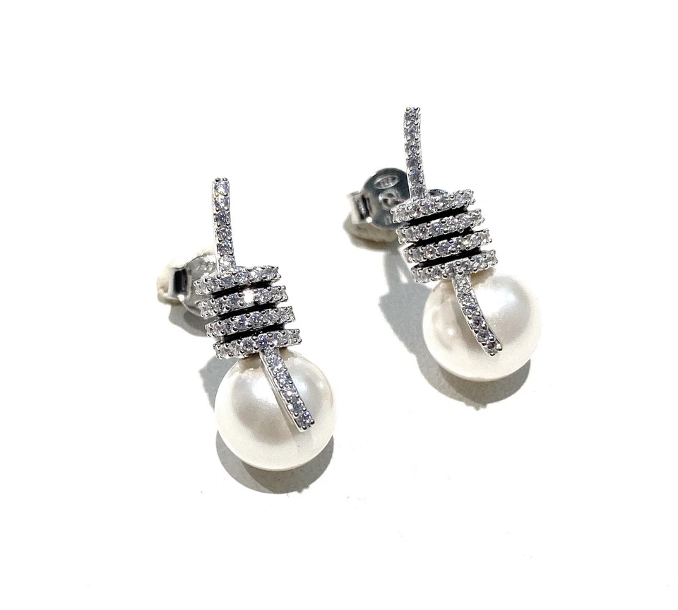 Orecchini Perle Zirconi a Spirale Argento Rodio Bianco Farfallina Made in Italy - Immagine 2 di 3