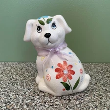 Vintage Hand Painted Ceramic Colorful Puppy Dog  Bank W/Stopper