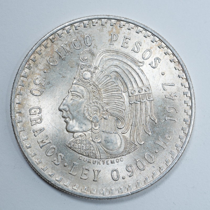 1947 Mexico 5 Pesos - .900 Silver - Cuauhtémoc