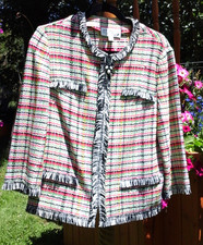 ST JOHN SIZE 12 10 USA HOT PINK GREEN MULTI PLAID FRINGE KNIT JACKET ZIP FRONT