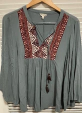 Frye and Co Peasant Tassel Tie Blouse Top Womens Size M Desert Blue Boho NWT