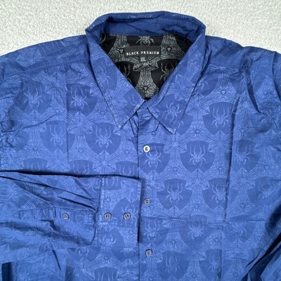 Affliction Black Premium Shirt Men 2XL Blue Button Scarab Spider Insect Jacquard