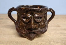 Vintage Coffee Mug Rare Double Handle Brown Mug Face Coffee Cup Pottery Art