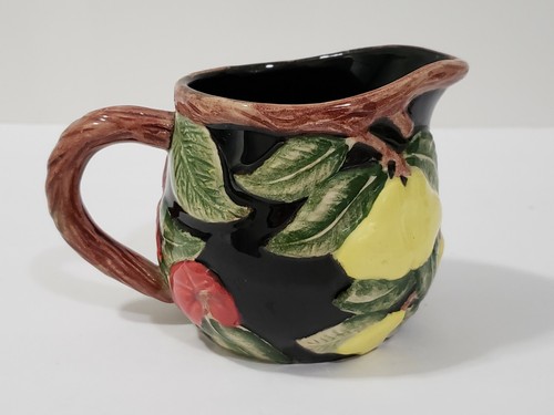 1991 taza crema de fruta negra Fitz and Floyd OCI con patrón de fruta en relieve - Imagen 3 de 9