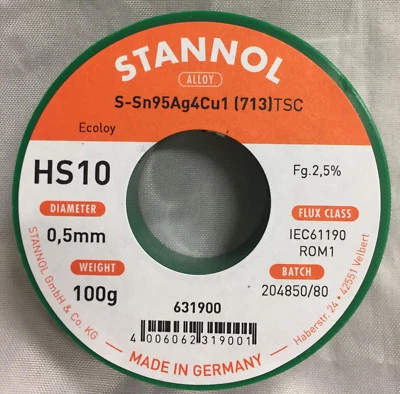 STANNOL Lötdraht HS10 2510 Lötzinn 100 Gramm ø 0,5 mm Sn95,5Ag3,8Cu0,7 - Bild 1 von 3