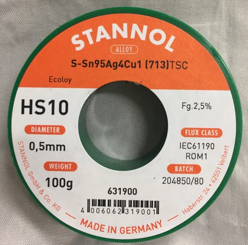 STANNOL solder wire HS10 2510 solder 100 grams ø 0.5 mm Sn95.5Ag3.8Cu0.7