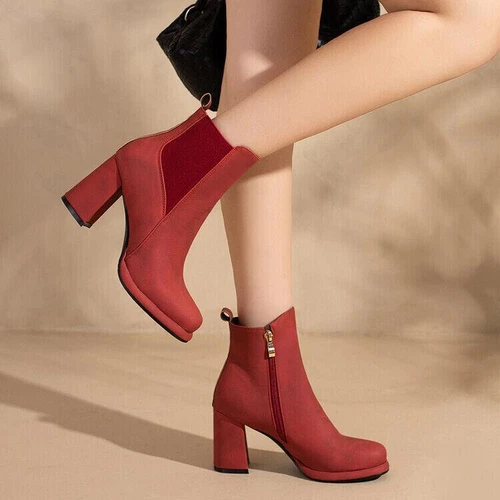 Damen Stiefeletten Mittel Blockabsatz Seitlicher Reißverschluss Chelsea Boots Schuhe - Bild 7 von 28