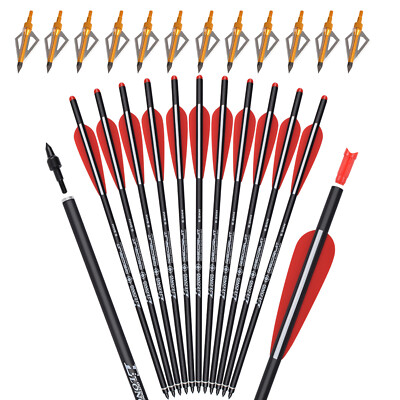 12x 9 Pure Carbon Crossbow Bolts with 2-Blade Broadheads OD 7.5mm ID 6.2mm 2-Vane Fletchings for Hunting Pistol