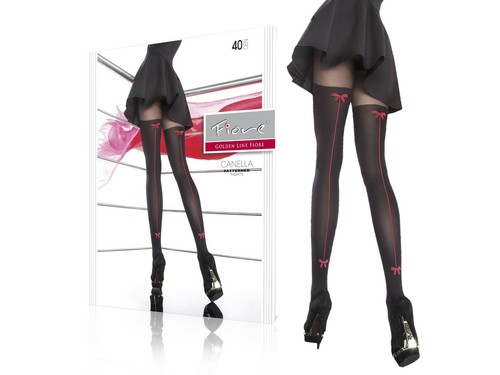 Fiore Canella Damen Strumpfhose gemustert Straps-Optik Muster Schleife 40DEN   - Bild 3 von 10