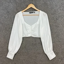 Glassons Womens Top Size 8 White Cropped Sheer Long Sleeve Scoop Neck 8008