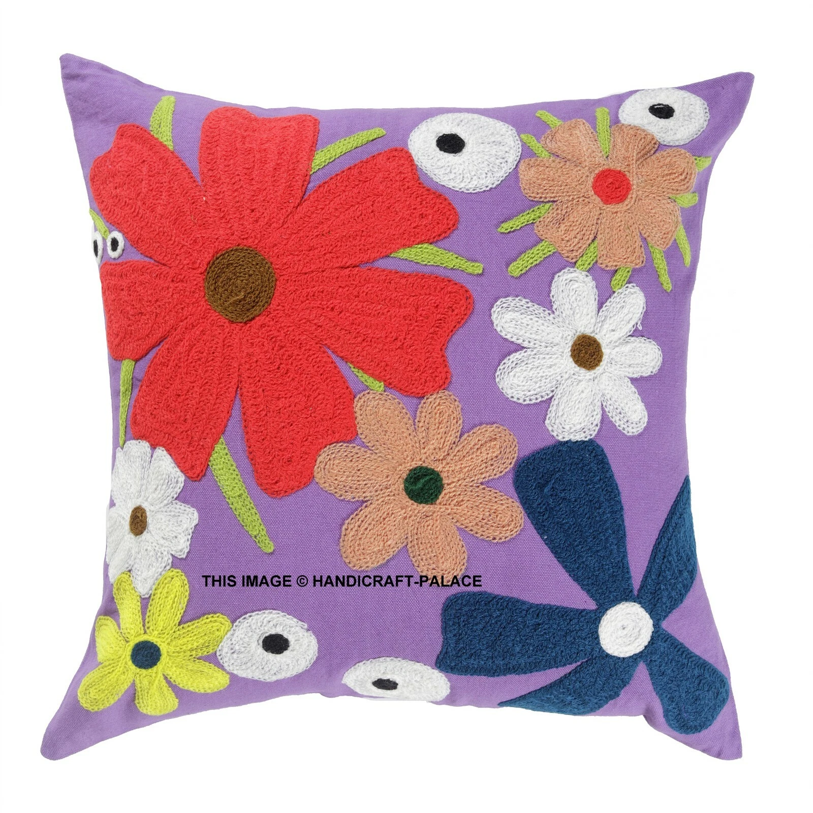 Indian Suzani Embroidered Cushion Cover 16x16 Cotton Square Throw Pillow Case