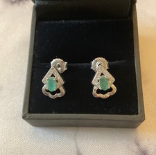 ANCIENNES  BOUCLES D'OREILLES OR BLANC ARGENT MASSIF - ÉMERAUDES  ET TOPAZES