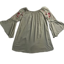 Indigo Soul Green Floral Embroidery Bell Sleeve Boho Dress Small
