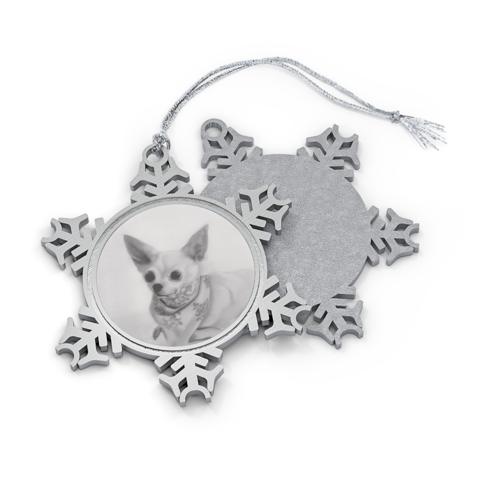 Custom Pet Portrait Pewter Snowflake Ornament - Tucker