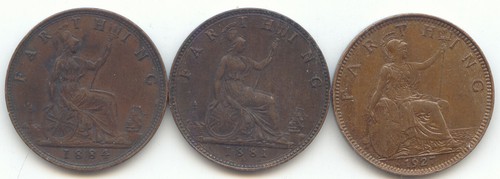 Great Britain, 3 Farthing, 1881 XF, 1884 XF, 1927 AU-Unc