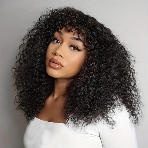 Full Machine Made Sew In Short Bob Wig With Bangs Kinky Curly Human Hair Wigs - Picture 1 of 13