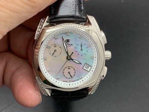 Swiss Made Cyma shell flower Dial Chronograph Date 5 Atm s/s Quartz Women Watch - Picture 2 of 20