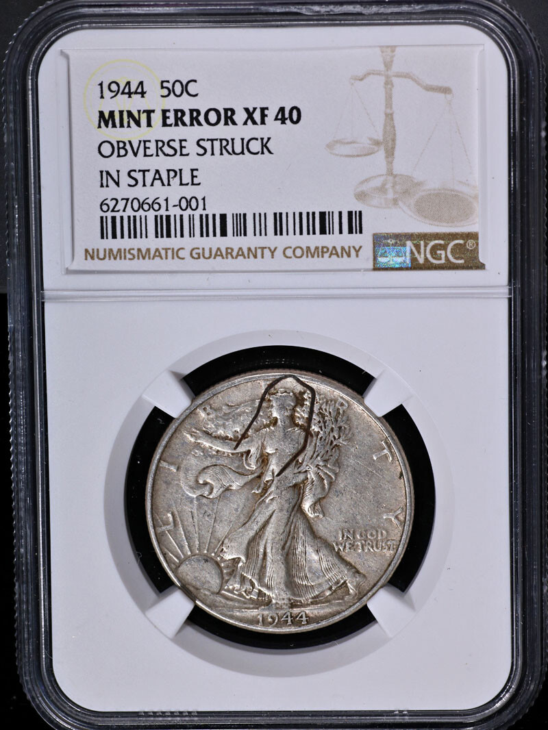 1944 Walking Liberty Half NGC XF40 Mint ERROR - Struck in Staple