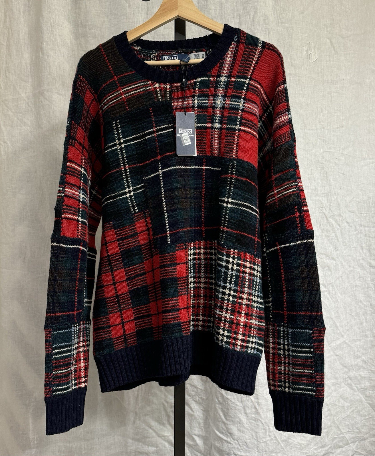 Polo Ralph Lauren Patchwork Plaid Wool Blend Sweater Red/Black Men's Size L -NEW
