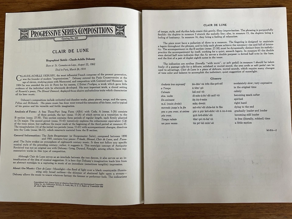 Clair de Lune~Claude Debussy~Progressive 800 Series~#856~Art Publication Society - Image 2 of 4