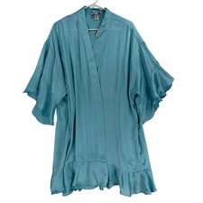 Victoria's Secret Kimono Robe Womens Large M/L Blue Satin Ruffle Hem No Belt NEW